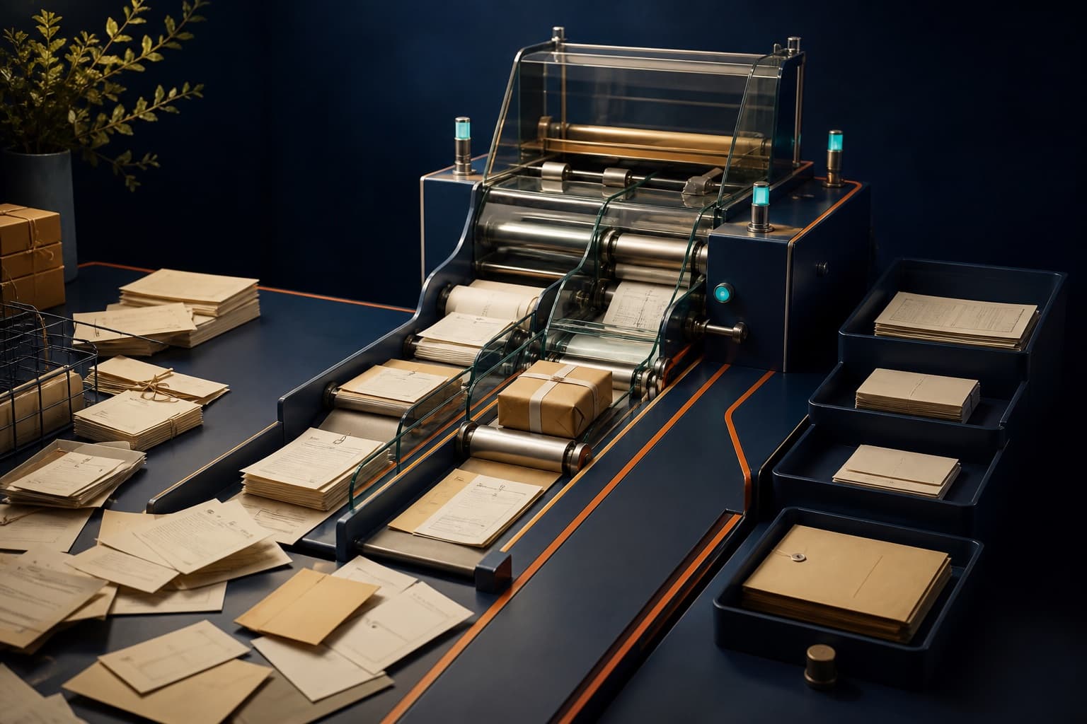 Business paperwork moving through a clear, organized automated workflow.