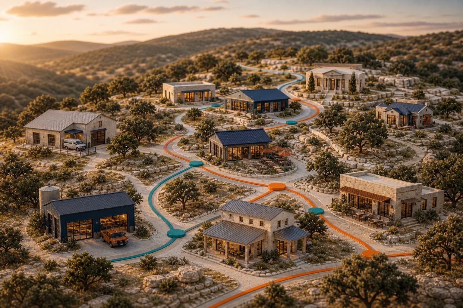 An illustrative model of small businesses connected across the Bulverde and Spring Branch area.