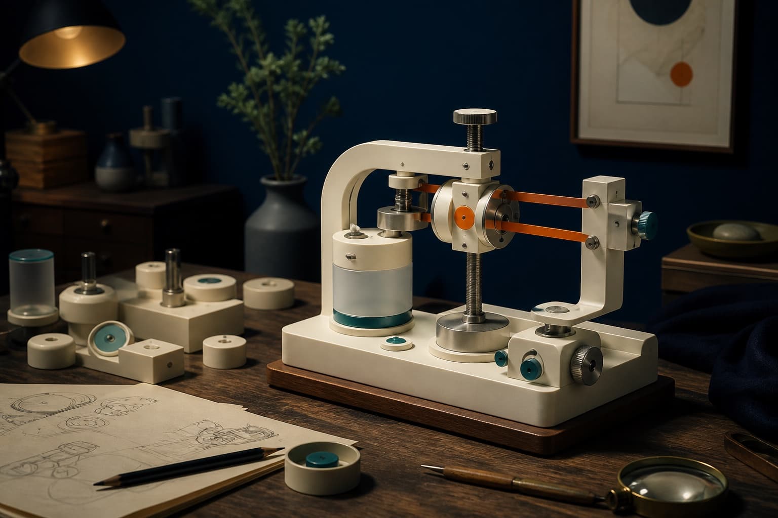 A focused business tool assembled from purposeful modules on a workbench.