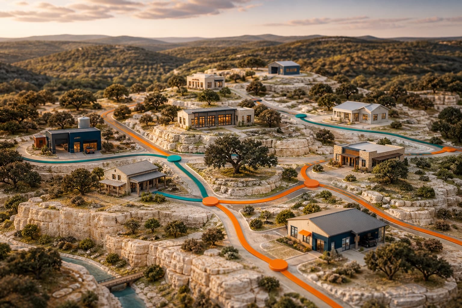 An illustrative model of small businesses connected across the Texas Hill Country.