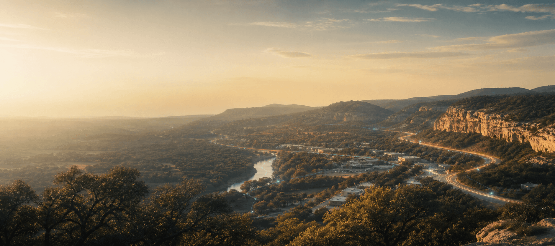 The Texas Hill Country at golden hour with connected routes running through a river valley and small business community.