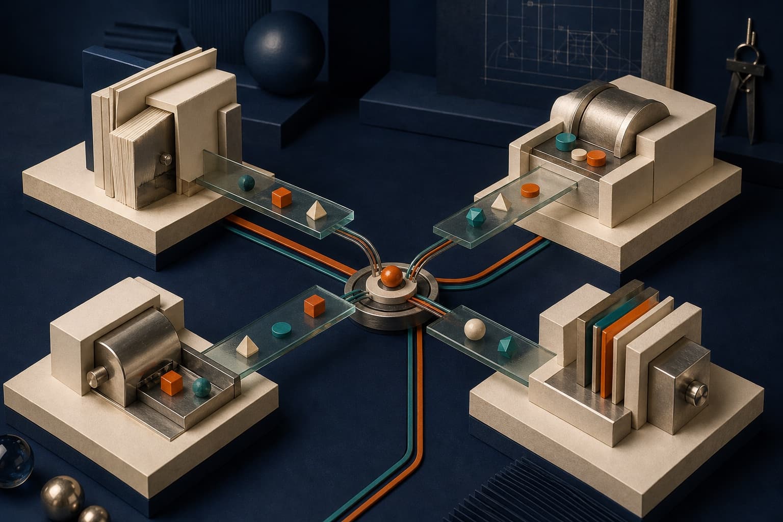 Separate business systems joined by clear glass bridges and connected paths.