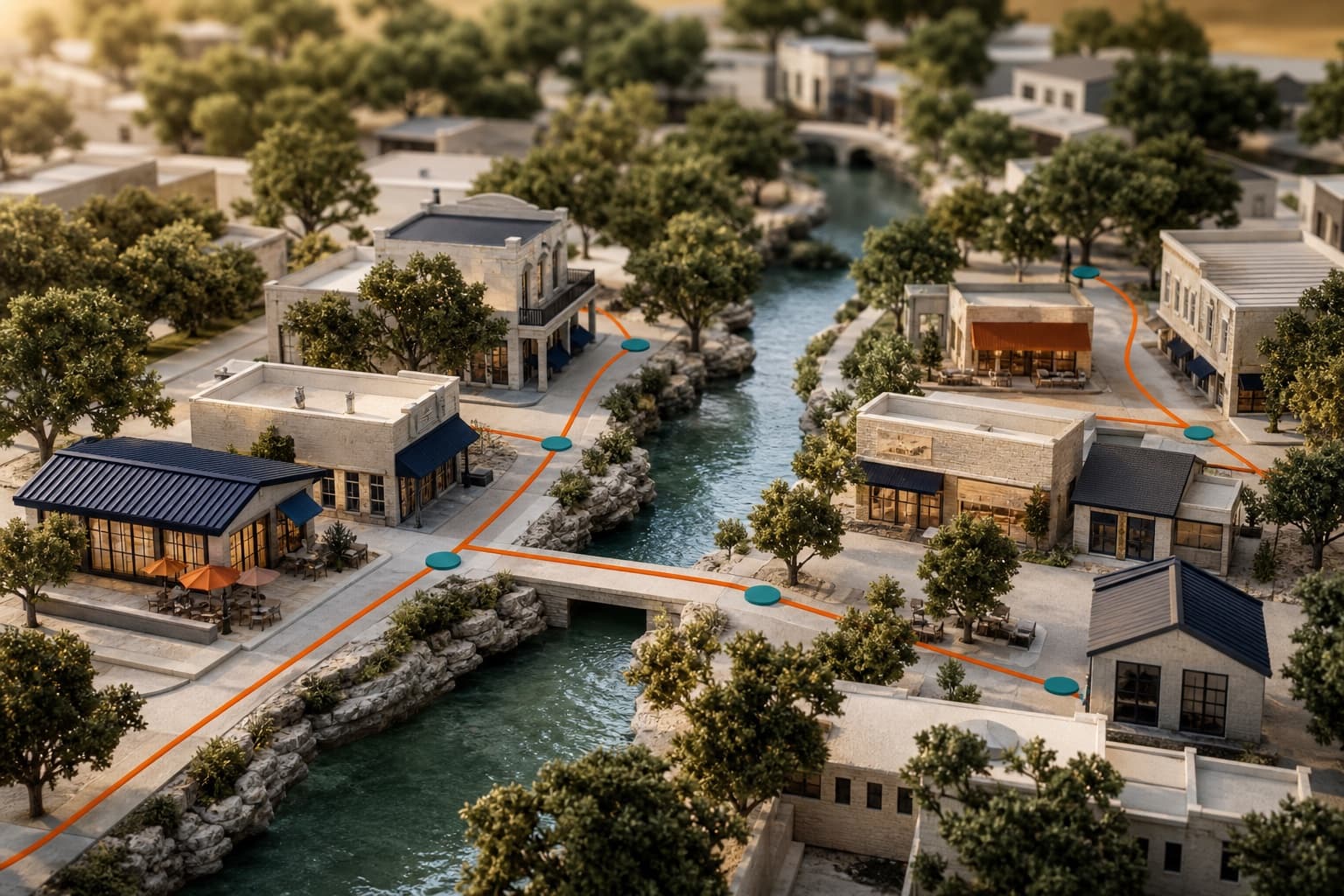 An illustrative model of New Braunfels businesses connected around a spring-fed river.