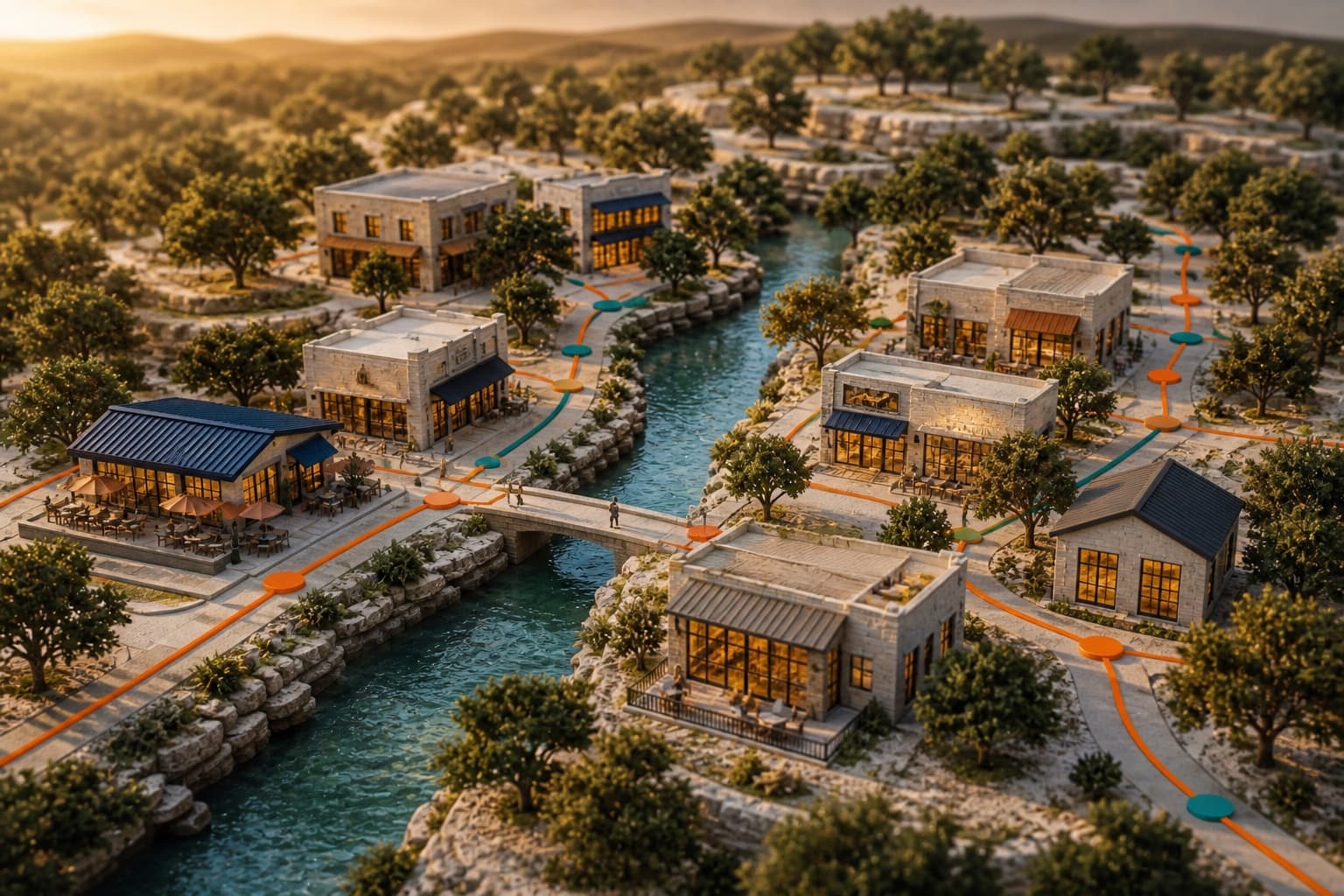 An illustrative model of San Marcos businesses connected near a spring-fed river.