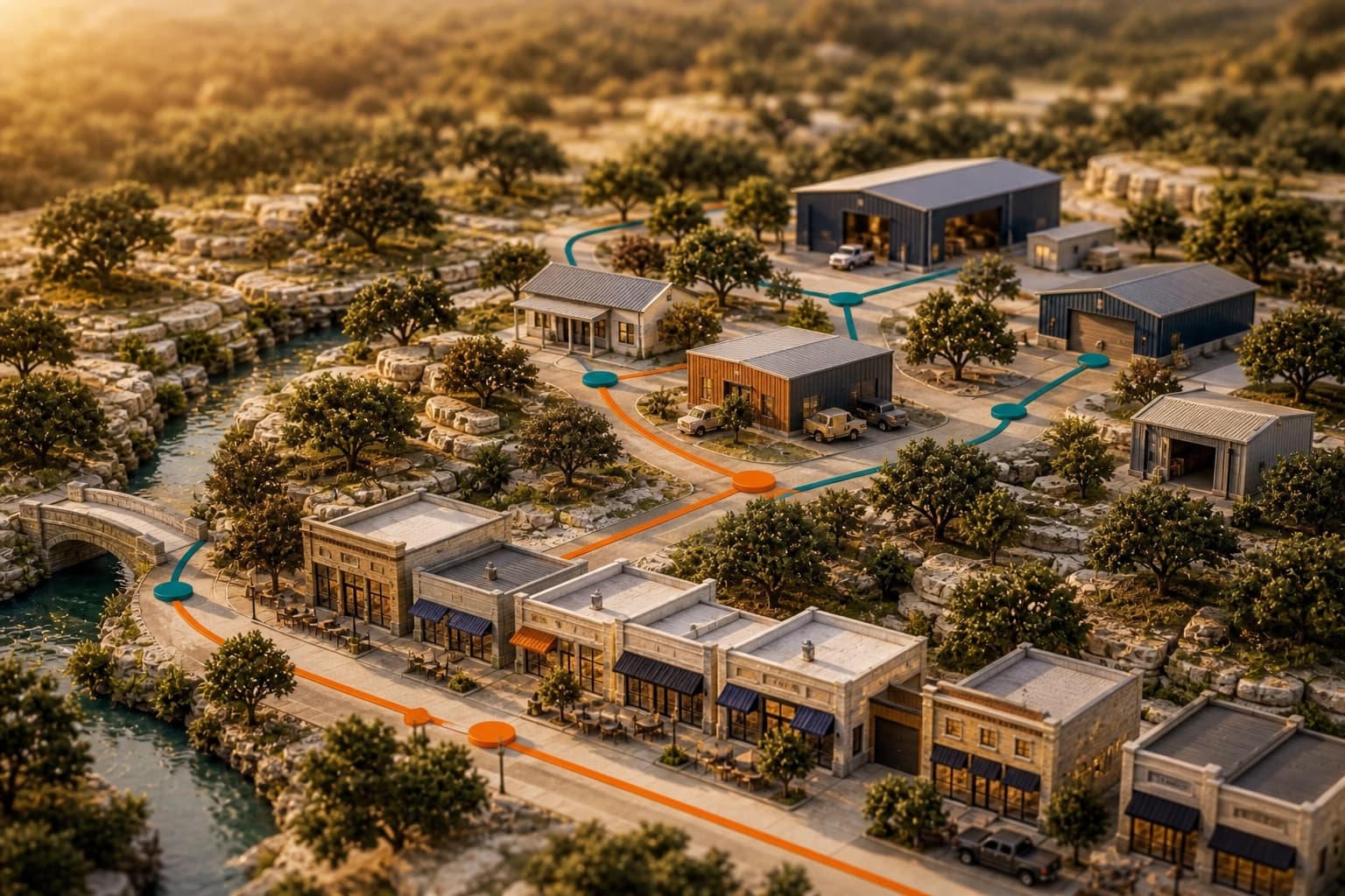 An illustrative model of Seguin storefronts and small-business operations connected together.