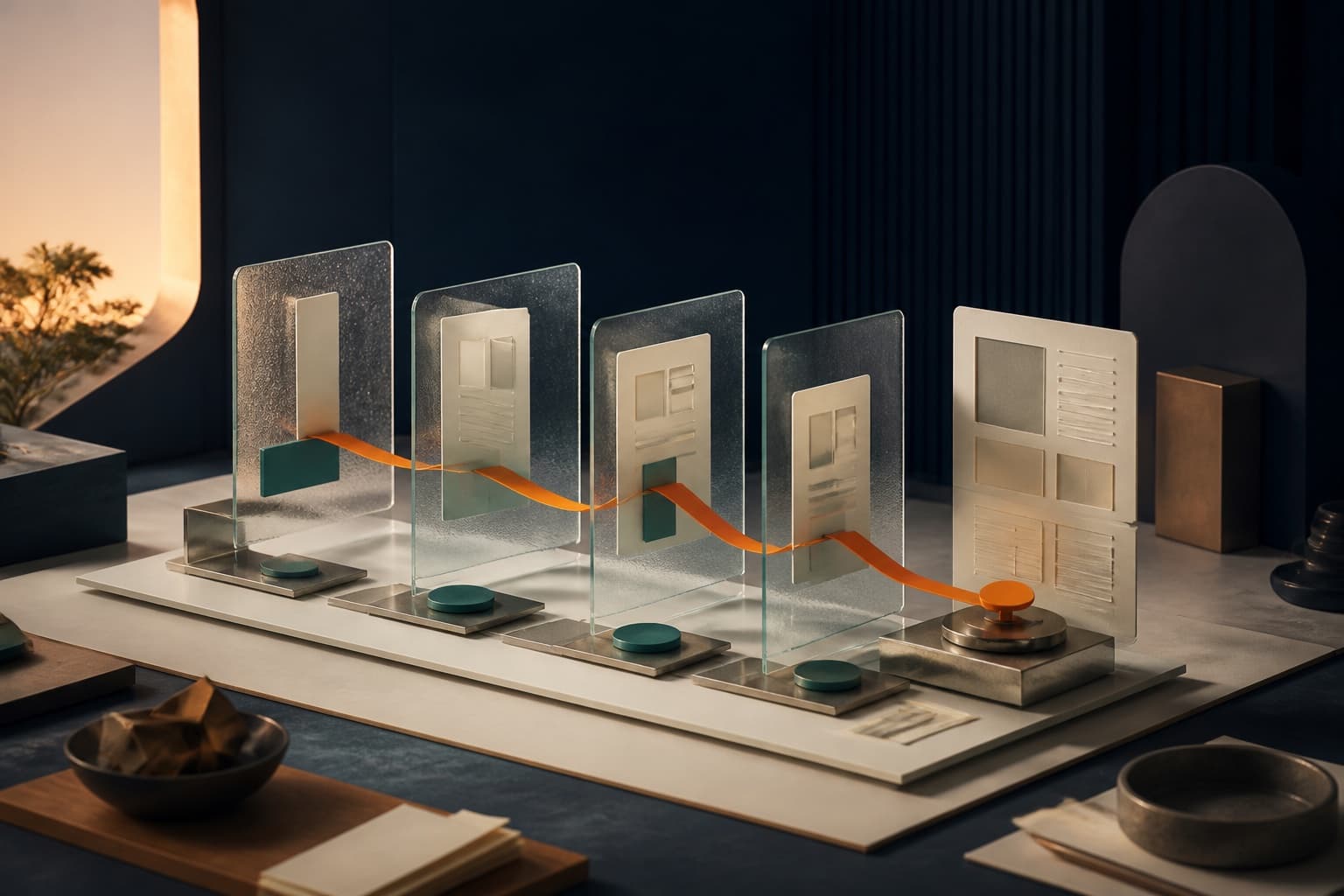 A website plan represented by connected page panels made from paper and glass.