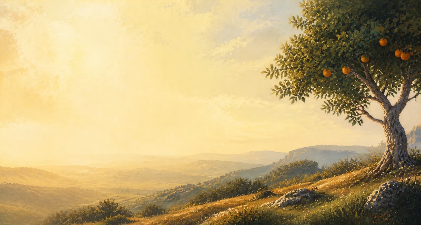 A painted orange tree overlooking the Texas Hill Country at golden hour