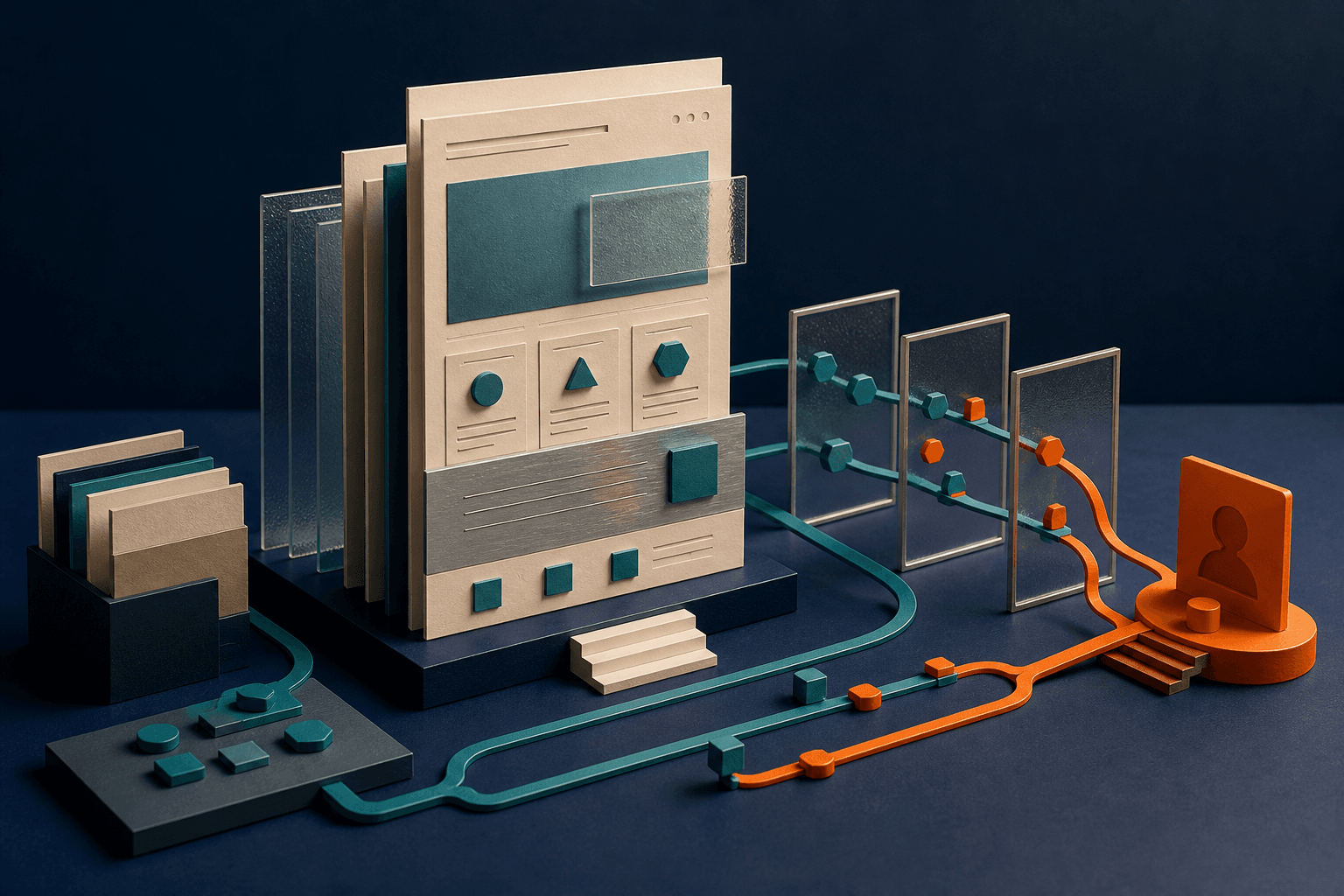 A model website connected to search systems and a customer action through organized information paths.
