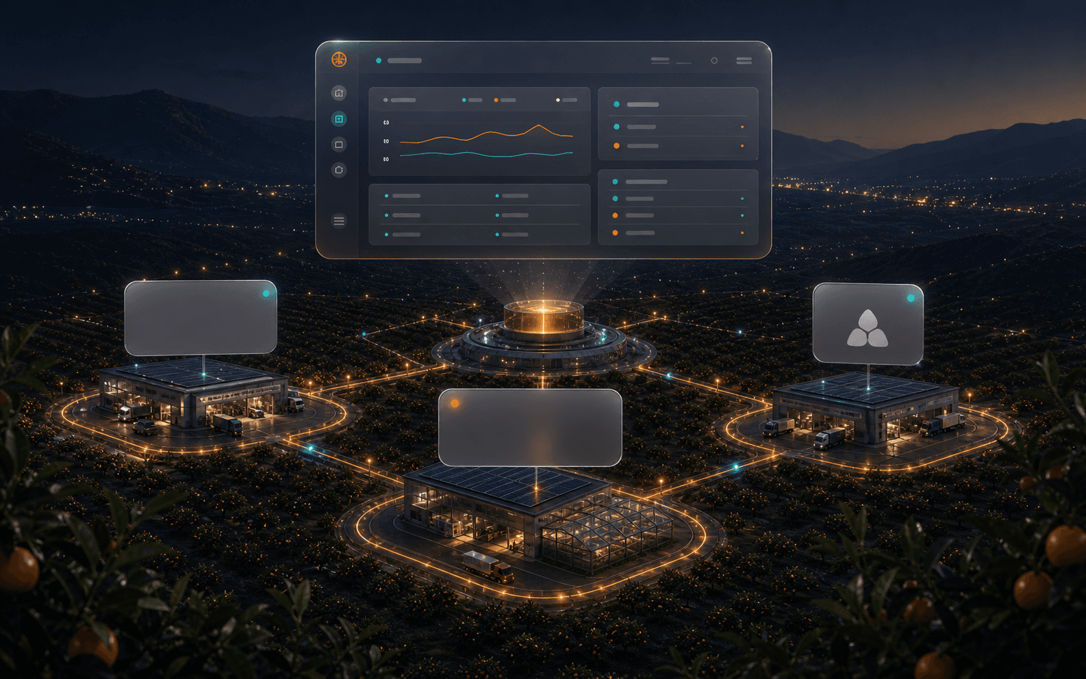 A conceptual landscape of connected business systems operating together.