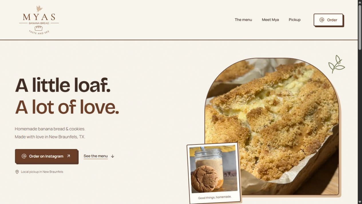Mya’s Banana Bread homepage showing the New Braunfels bakery’s brand, bread photography, menu link, and Instagram ordering link
