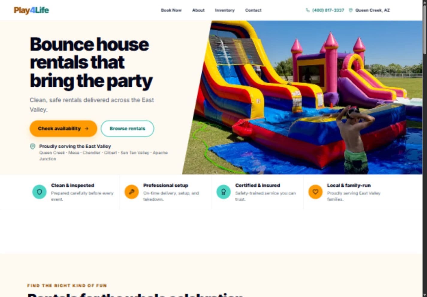 Actual Play4Life website showing rental information and booking links