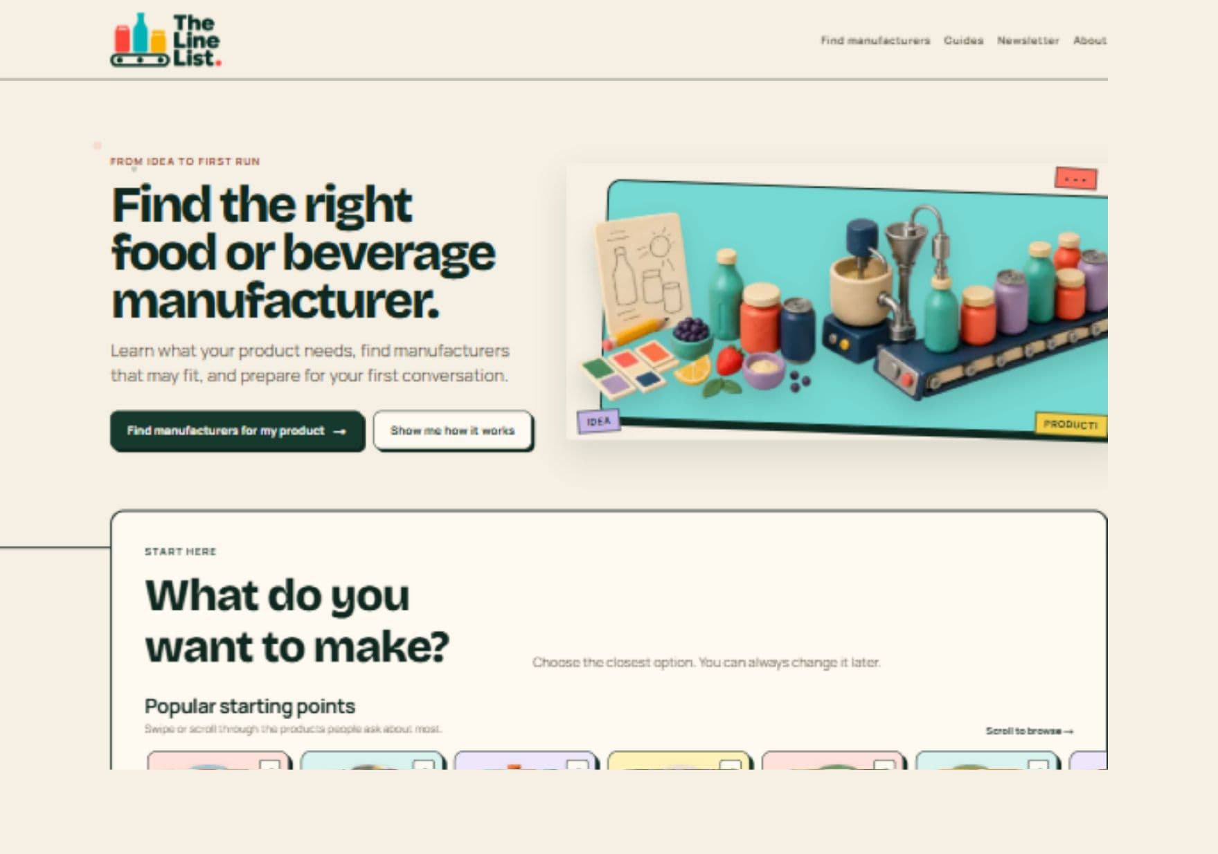 Actual The Line List homepage showing food and beverage manufacturer discovery