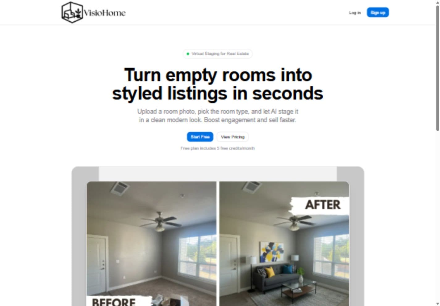 Actual VisioHome public homepage describing its virtual-staging application